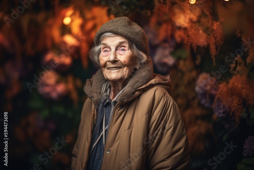 Portrait of an elderly woman on the background of autumn flowers.
