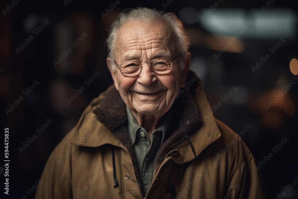 Portrait of an elderly man in a coat and glasses smiling at the camera Portrait of an elderly man in a coat and glasses smiling at the camera