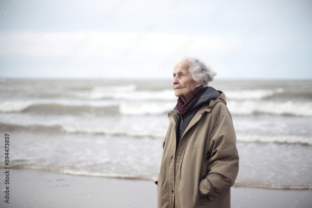 Portrait of senior woman standing on beach in cold winter day. Portrait of senior woman standing on beach in cold winter day.