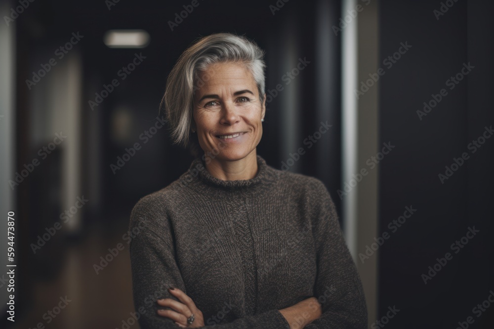 Portrait of happy senior woman with arms crossed looking at camera in corridor at home Portrait of happy senior woman with arms crossed looking at camera in corridor at home