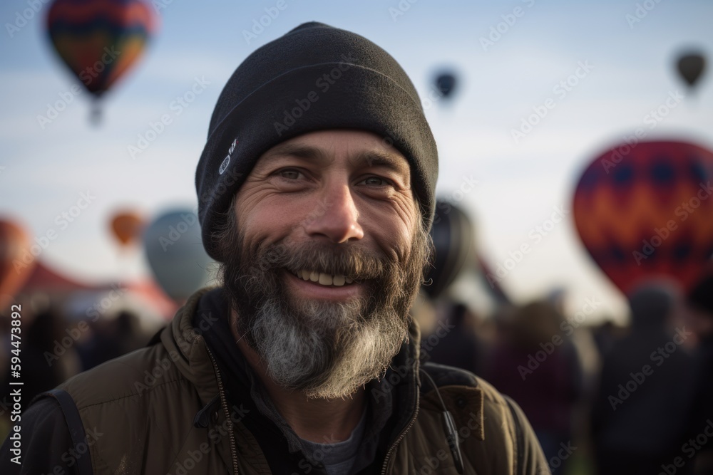 Environmental portrait photography of a grinning man in his 40s wearing a warm beanie or knit hat against a hot air balloon or skydiving background. Generative AI