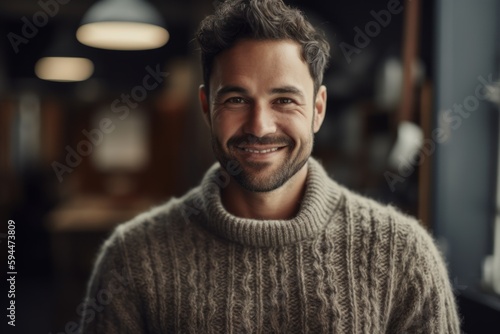 Portrait of handsome young man in sweater smiling at camera in cafe