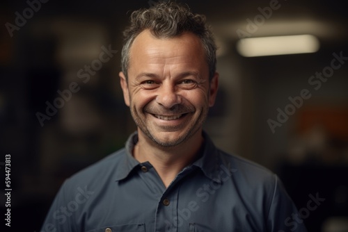 Portrait of handsome mature man smiling and looking at camera in office