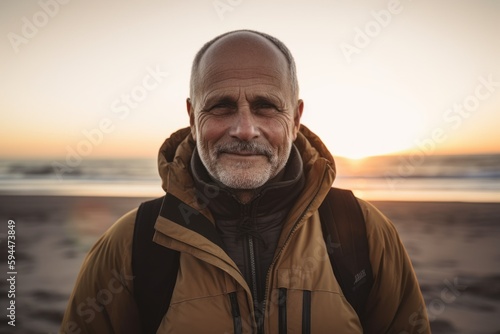 Portrait of smiling senior man standing on beach at sunrise in winter © Robert MEYNER