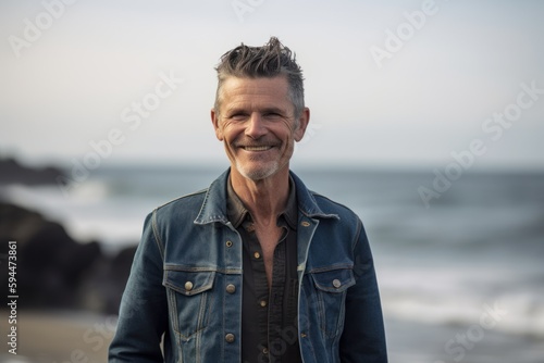 Portrait of handsome middle aged man smiling at camera at the beach