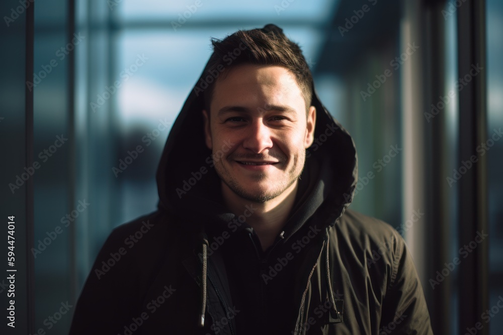 Portrait of a handsome young man smiling at the camera while standing in an office building