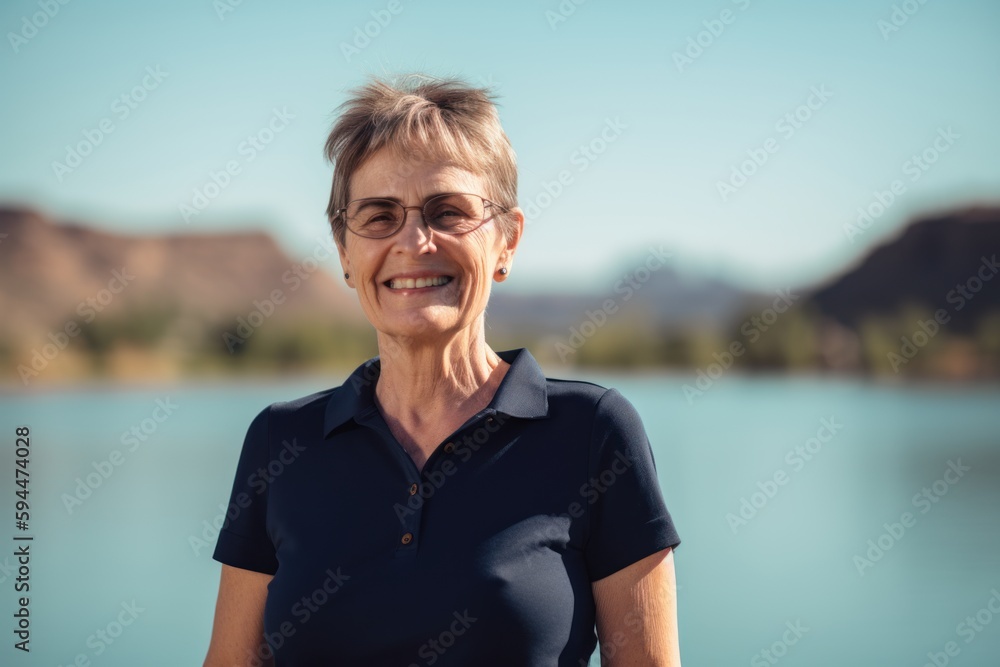 Portrait of smiling senior woman standing by lake on a sunny day