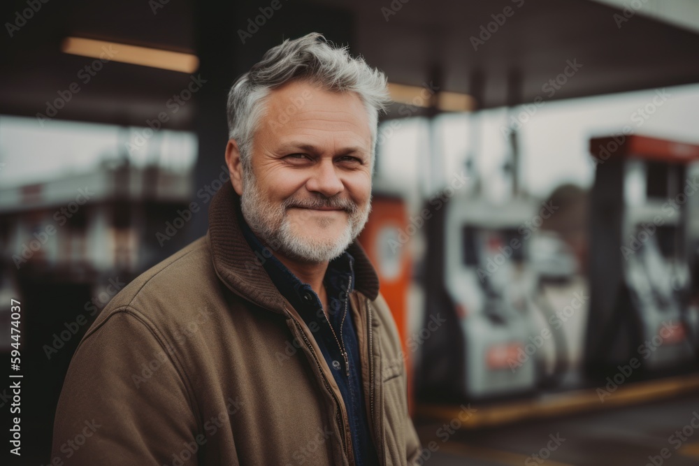 Portrait of smiling senior man standing at gas station and looking at camera