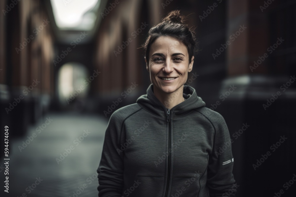Portrait of a young woman in a hoodie on a city street