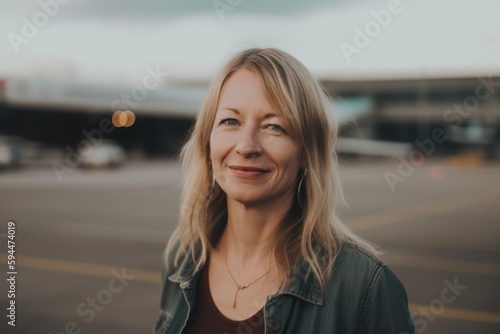 Portrait of a beautiful blonde woman on the background of an airport