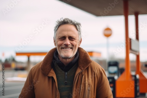 Portrait of a smiling senior man standing in a gas station.