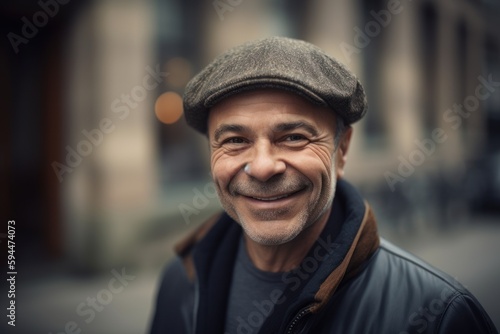 Portrait of smiling senior man in cap looking at camera outdoors. © Robert MEYNER