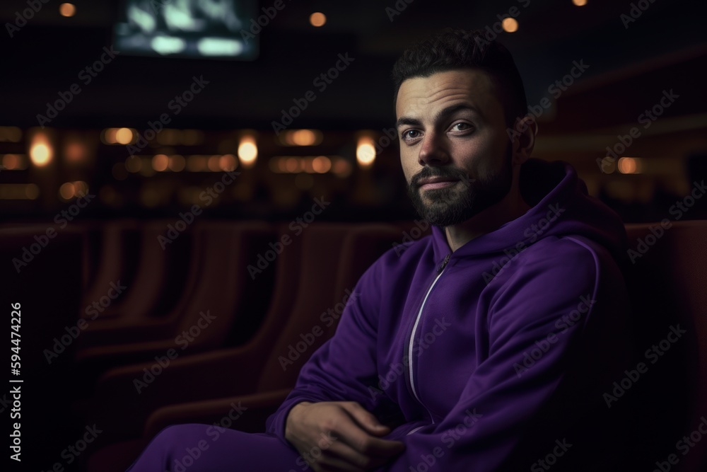 Portrait Of A Young Man Watching Movie In Cinema, Nightclub Portrait Of A Young Man Watching Movie In Cinema, Nightclub