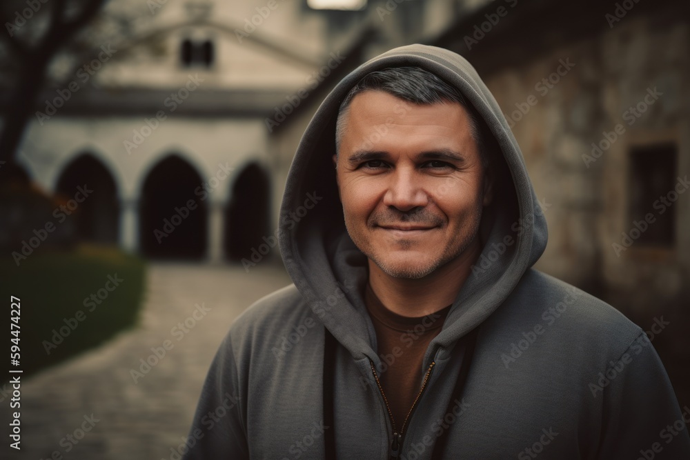 Portrait of a man in a hood on the background of an old castle