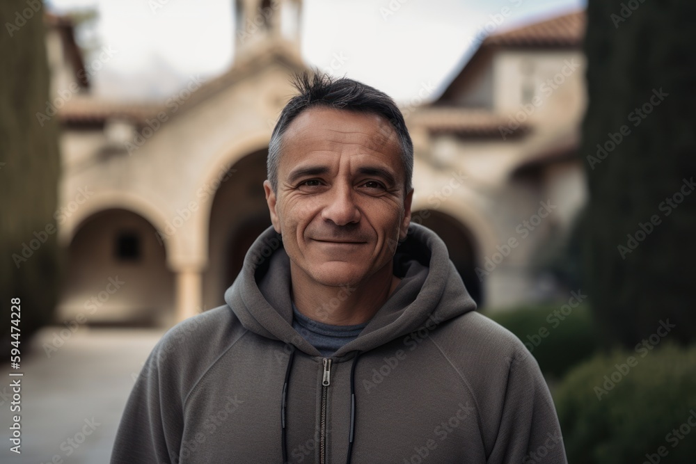 Portrait of a smiling middle-aged man in the courtyard of an old house Portrait of a smiling middle-aged man in the courtyard of an old house