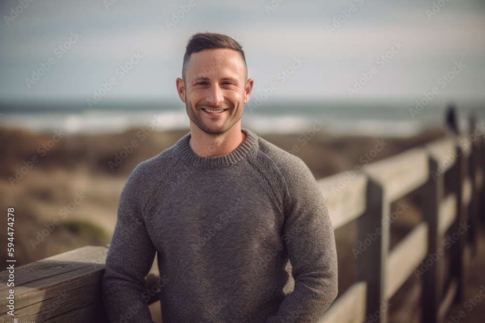Portrait of a handsome young man smiling at the camera on the beach Portrait of a handsome young man smiling at the camera on the beach