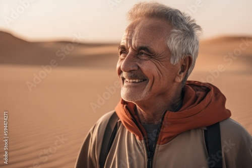 Portrait of smiling senior man in the sahara desert.