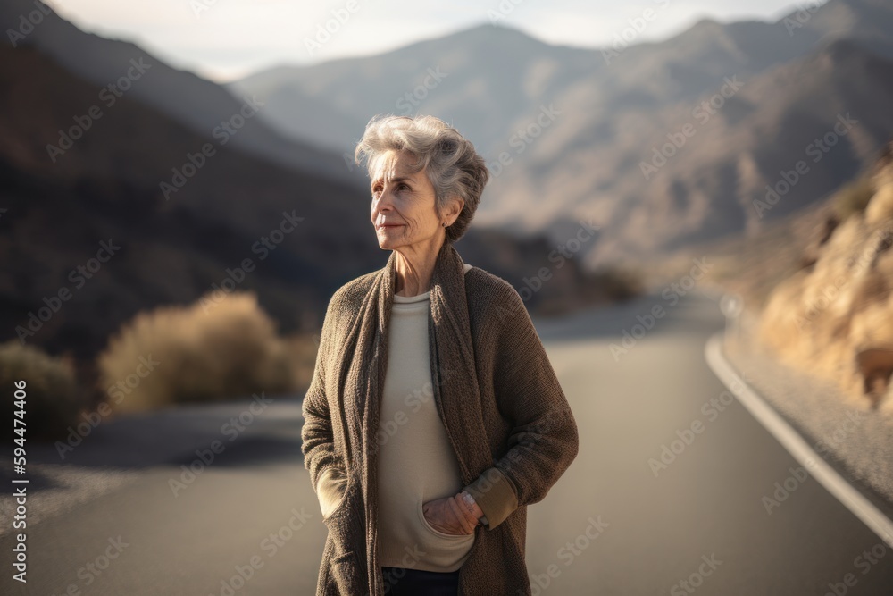 Full-length portrait photography of a pleased woman in her 50s wearing a chic cardigan against a mountain pass or winding road background. Generative AI Full-length portrait photography of a pleased woman in her 50s wearing a chic cardigan against a mountain pass or winding road background. Generative AI