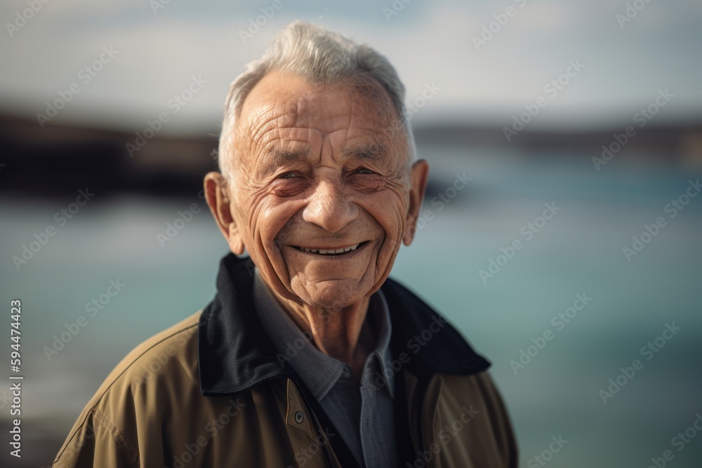 Portrait of a senior man standing by the sea smiling at camera Portrait of a senior man standing by the sea smiling at camera
