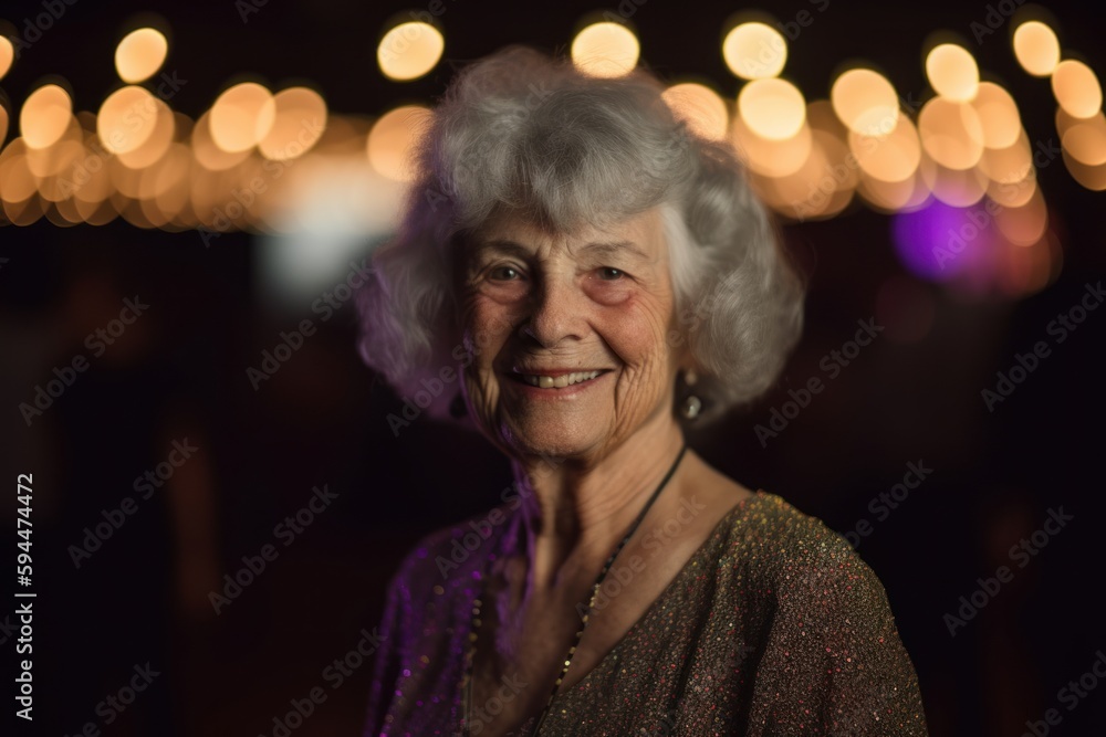 Portrait of a smiling senior woman in a night club. Retro style.