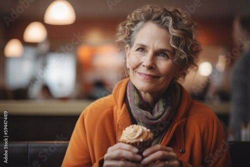 Portrait of smiling senior woman holding cupcake in cafe  looking at camera