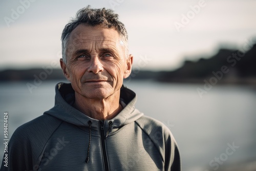 Portrait of senior man in sportswear standing by the river