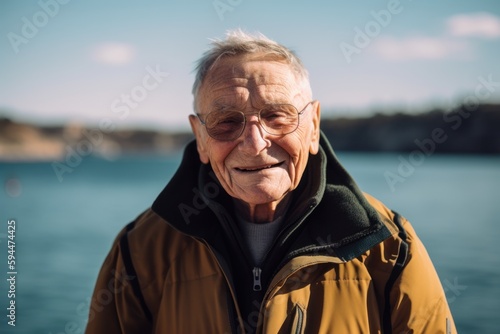 Portrait of an elderly man in a jacket and glasses on the background of the river © Robert MEYNER