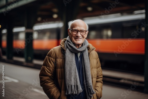 Portrait of an elderly man in a coat and scarf at the train station