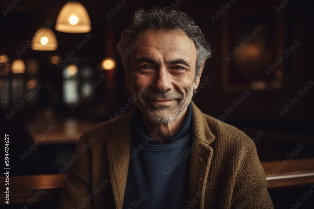 Portrait of a smiling senior man sitting in a cafe at night Portrait of a smiling senior man sitting in a cafe at night