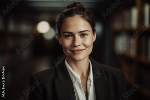 Portrait of a smiling businesswoman standing in a library looking at the camera