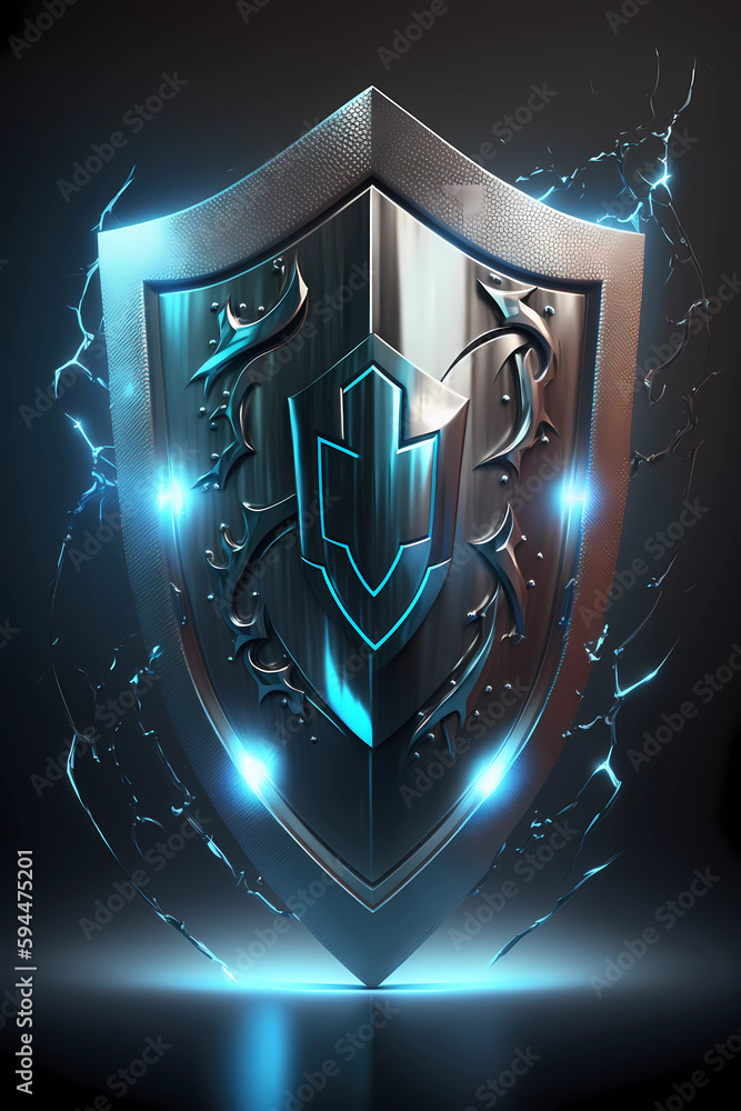 Fototapeta premium Metallic Shield with Blue Lights and Lightning Effects #1