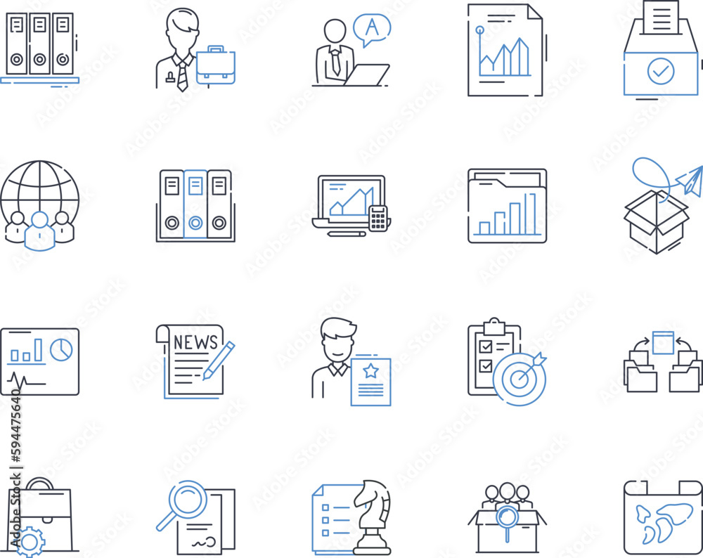 Office work line icons collection. Collaboration, Deadlines, Meetings, Productivity, Communication, Tasks, Efficiency vector and linear illustration. Reports,Multitasking,Organization outline signs