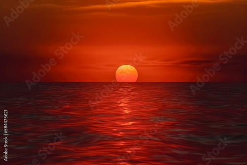 A red sun setting with the ocean in the background, in the style of photorealistic fantasies, astronomy, seascapes wallpaper, heatwave. Generative Ai. 

