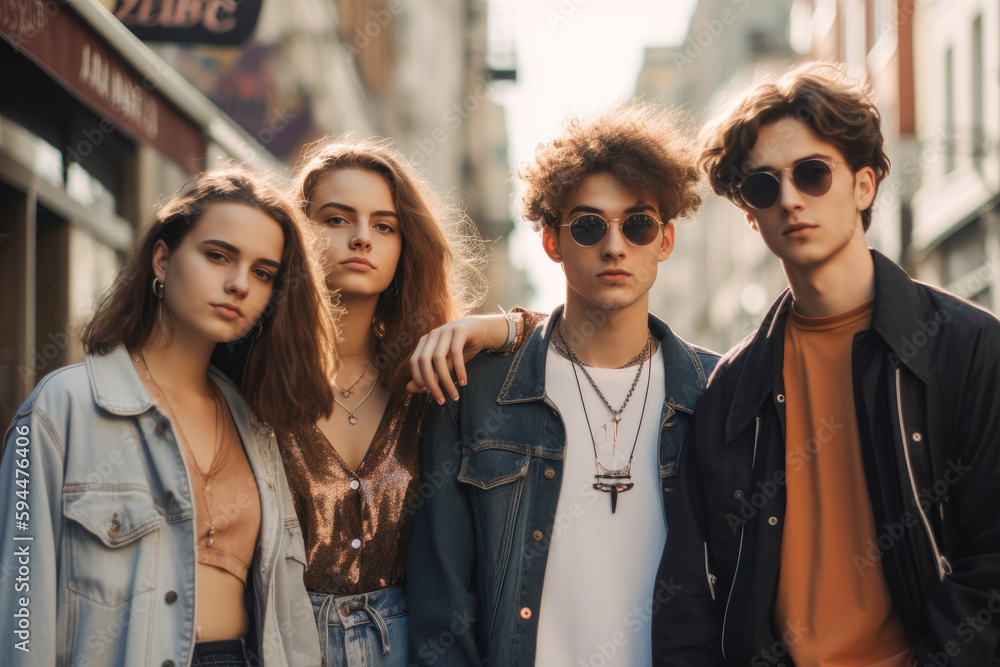 Gen Z Lifestyle, portrait of Multiethnic Generation Z youngsters on a street, two boys with sunglasses and two girls. High quality generative ai