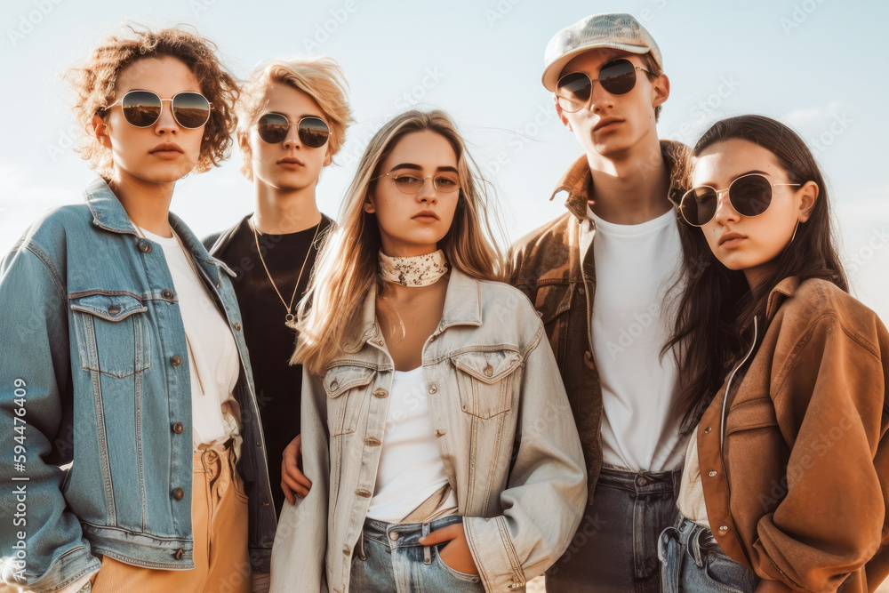 Gen Z Lifestyle, portrait of Multiethnic Generation Z youngsters on a street. Three females and two males. High quality generative ai