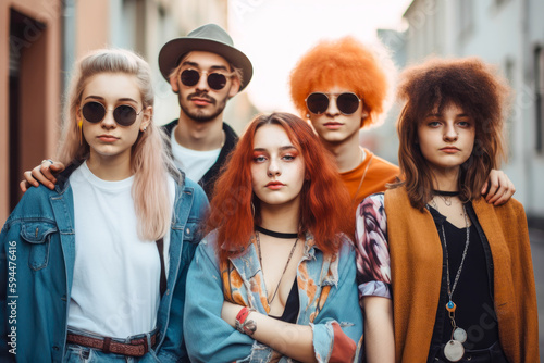 Gen Z Lifestyle, portrait of Multiethnic Generation Z youngsters on a street. Three girls and two boys. High quality generative ai