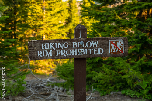 Hiking Below Rim Prohibited Sign In Crater Lake