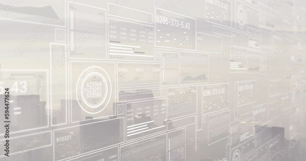 Animation of financial data processing over cityscape Animation of financial data processing over cityscape