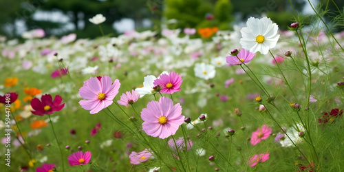 A serene field of wildflowers gently sways in the breeze, featuring a vibrant mix of cosmos flowers in pink, white, and maroon hues © MAJGraphics