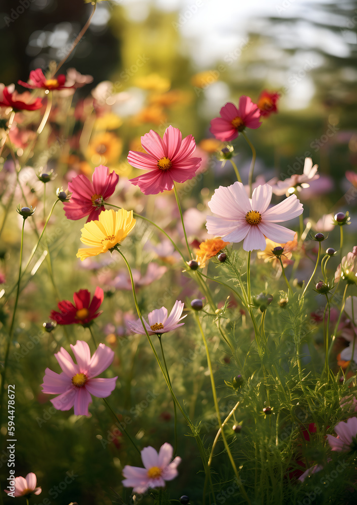 A serene field of wildflowers gently sways in the breeze, featuring a vibrant mix of cosmos flowers in pink, white, and maroon hues A serene field of wildflowers gently sways in the breeze, featuring a vibrant mix of cosmos flowers in pink, white, and maroon hues