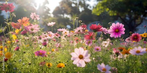 A serene field of wildflowers gently sways in the breeze, featuring a vibrant mix of cosmos flowers in pink, white, and maroon hues