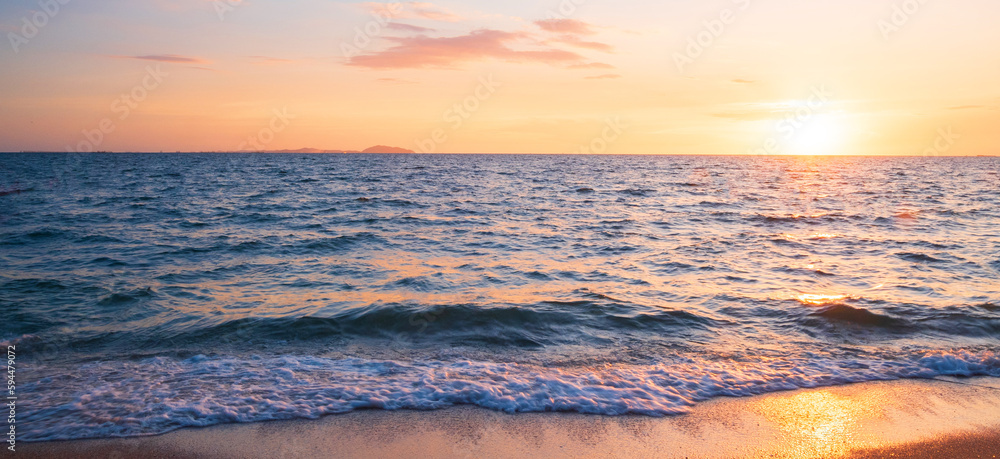 Fototapeta premium landscape viewpoint vertical summer sea wind wave cool holiday calm coastal sunset sky light orange golden evening day look calm Nature tropical Beautiful sea water travel Bangsaen Beach thailand
