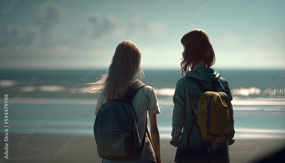 two female friends standing near the sea, digital art illustration, Generative AI