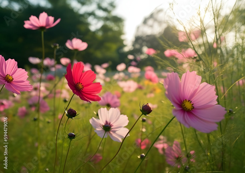 A field of cosmos flowers bathed in the warm glow of the morning sun, showcasing delicate petals in shades of pink and white against a dappled backdrop © MAJGraphics