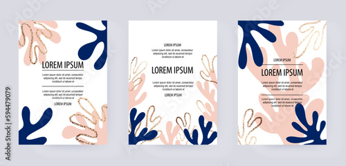 Modern abstract background templates with organic natural leaf and gold border.