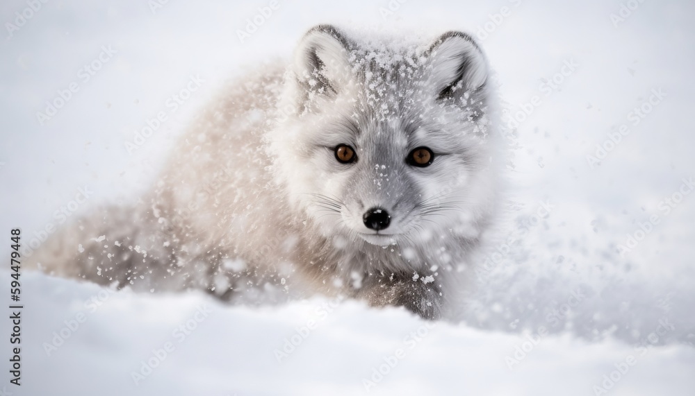 Fototapeta premium Baby Arctic fox (Vulpes lagopus) in snow habitat, polar region ai, ai generative, illustration