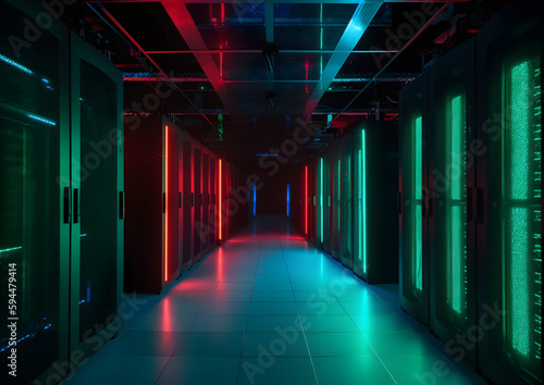 A data center with multiple rows of fully Operational Server Racks. Modern Telecommunications, Cloud Computing, Artificial Intelligence High-tech data centers with computers and lights, Generative AI