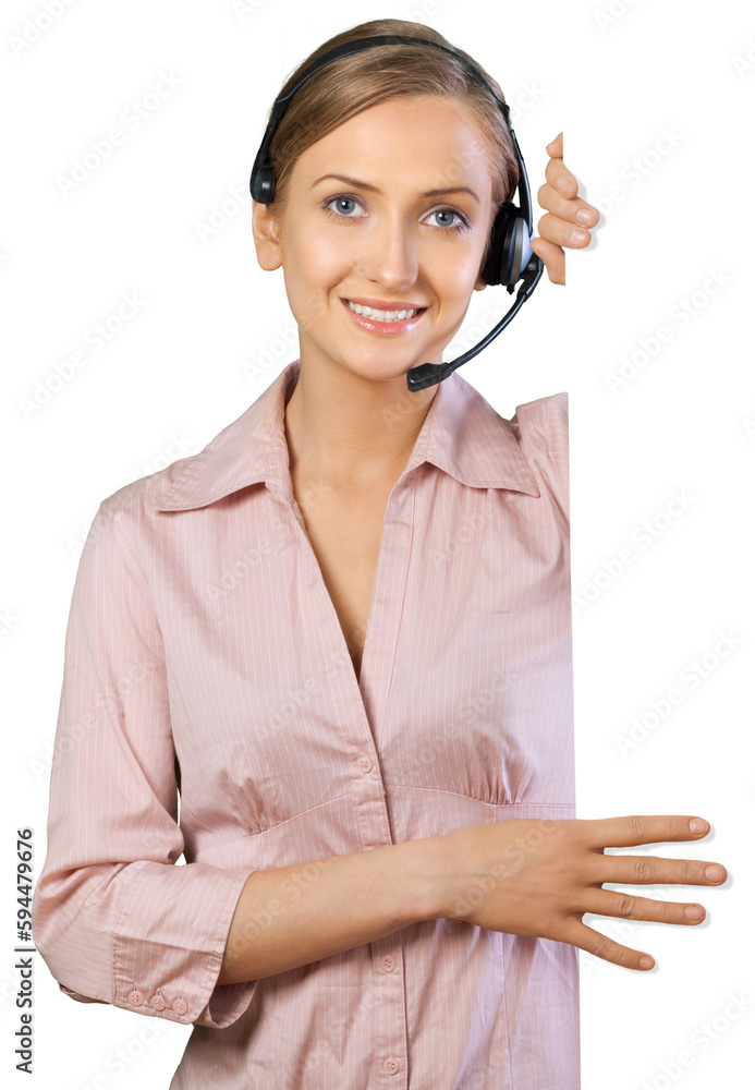 Portrait of Female Phone Operator Standing Behind Blank Wall Portrait of Female Phone Operator Standing Behind Blank Wall