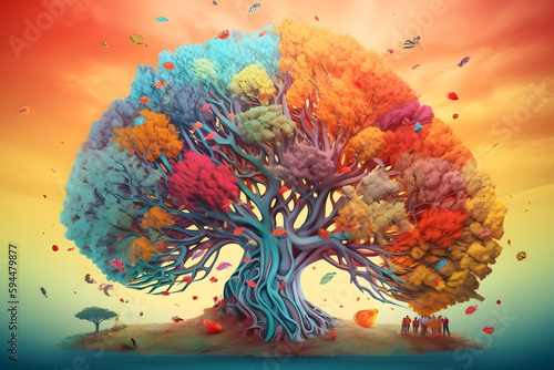 colorful trees and colorful brain illustration - generative ai