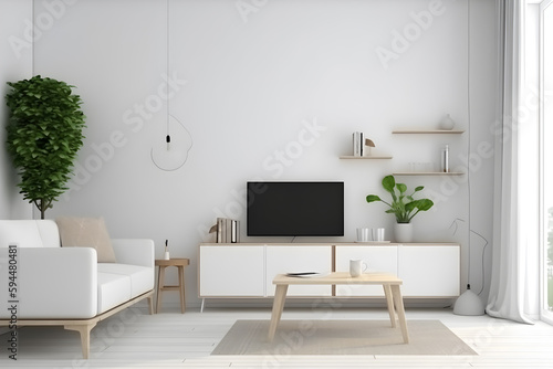 a modern living room with a tv and plant, in the style of minimalistic modern - generative ai